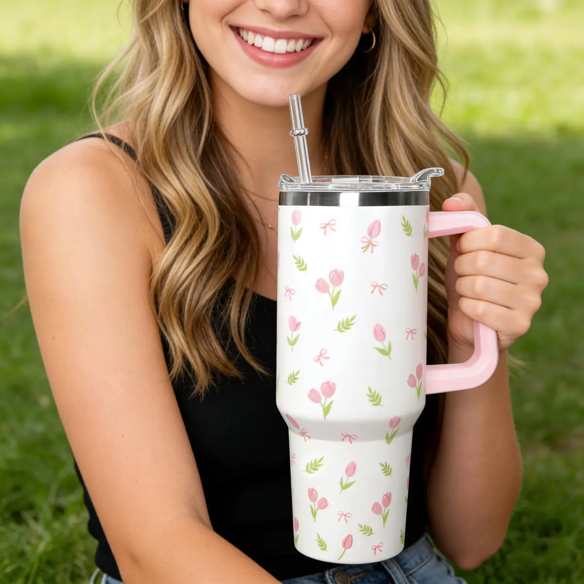 Ceovfoi 40 oz Tulip Bow Tumbler with Handle & Straw | Insulated Stainless Steel Flip Top Water Bottle - view 7