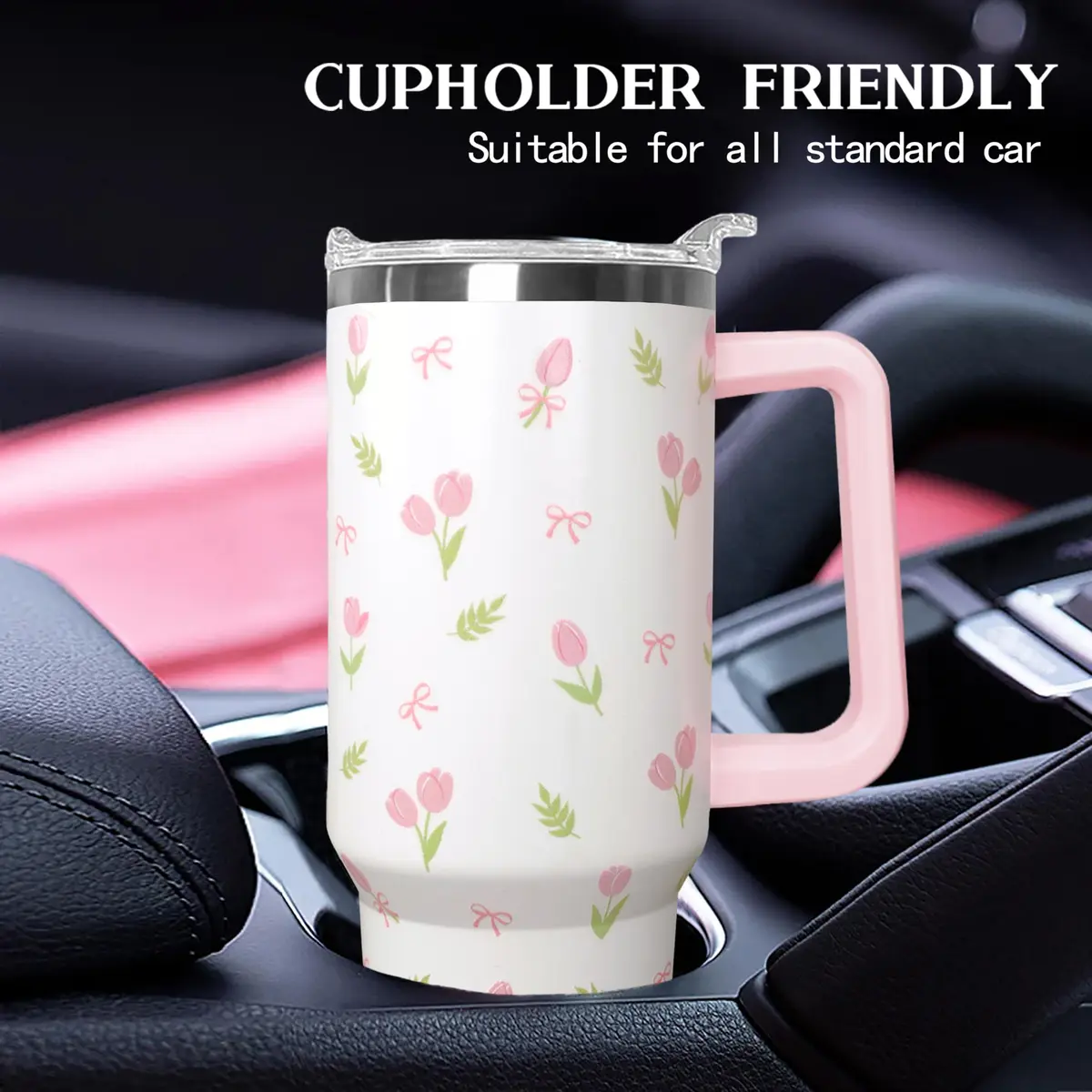 Ceovfoi 40 oz Tulip Bow Tumbler with Handle & Straw | Insulated Stainless Steel Flip Top Water Bottle - view 8