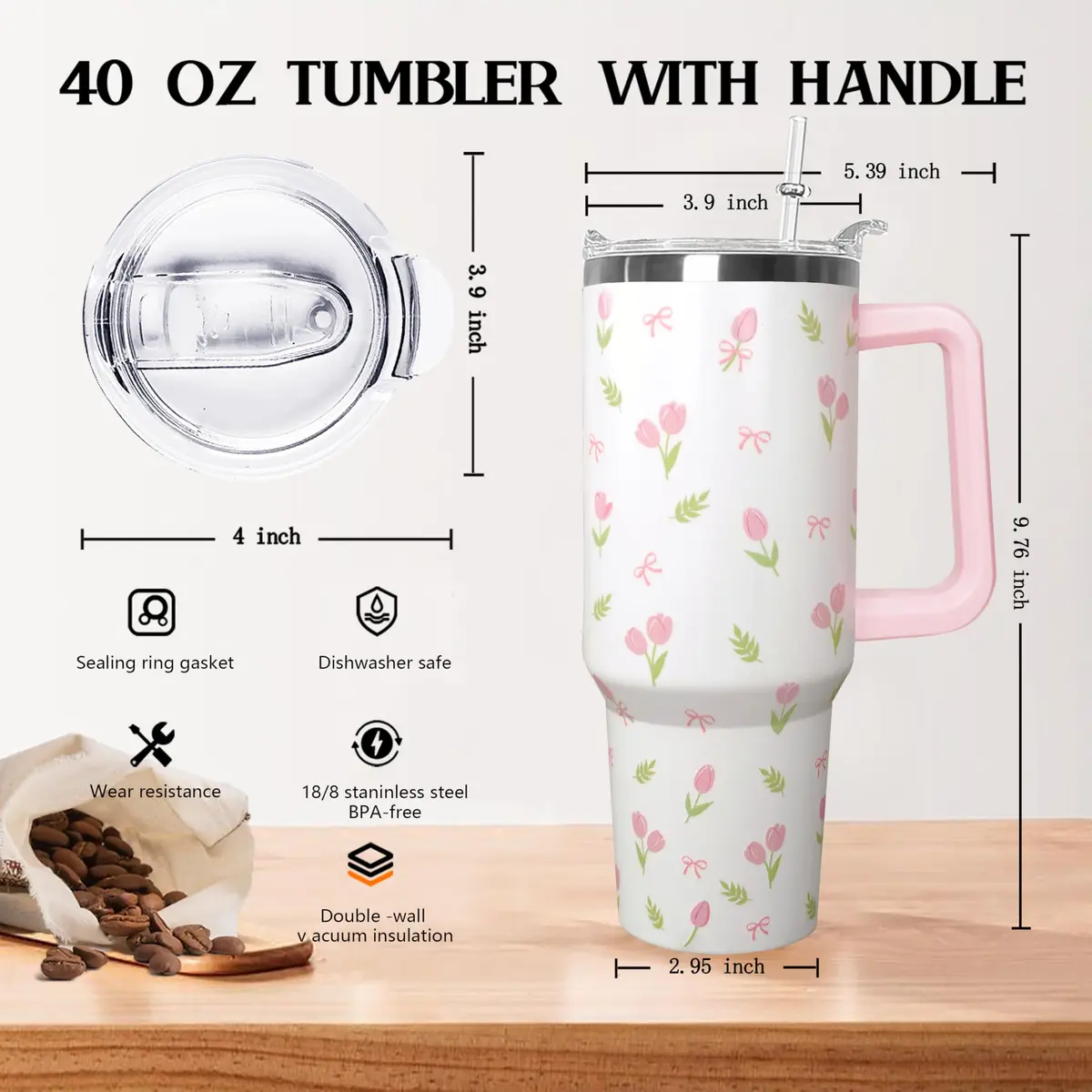 Ceovfoi 40 oz Tulip Bow Tumbler with Handle & Straw | Insulated Stainless Steel Flip Top Water Bottle - view 2