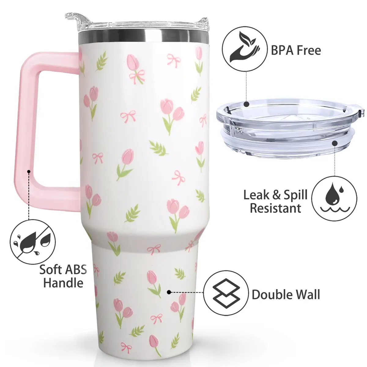 Ceovfoi 40 oz Tulip Bow Tumbler with Handle & Straw | Insulated Stainless Steel Flip Top Water Bottle - view 3