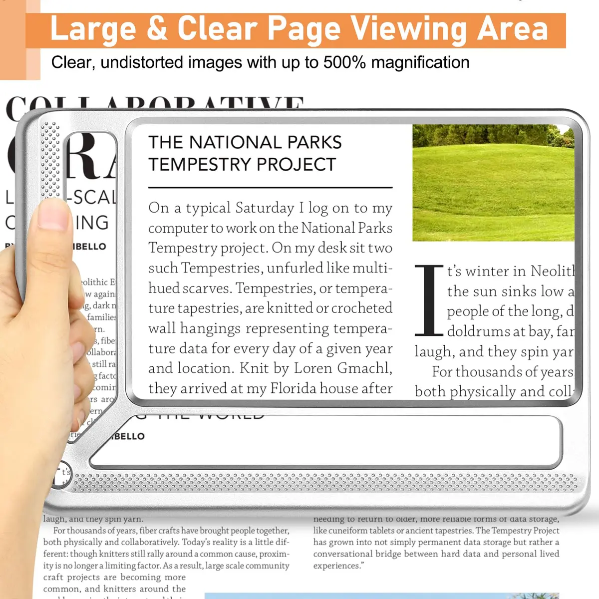 AKKYCVS 5X Full Page Magnifying Glass with Handle, 12.7cm x 17.8cm (5" x 7") Viewing Area | Lightweight Handheld Magnifier for Seniors & Low Vision - view 2