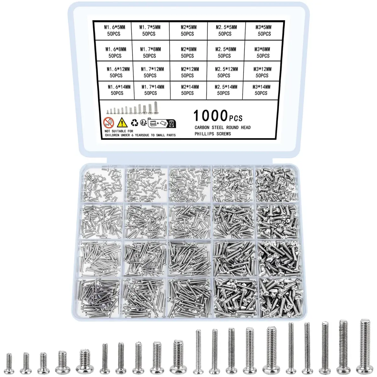 woshilaoDS 1000 Pcs Tiny Screws Assortment Kit | M1.6-M3 Round Head Mini Screws for Electronics, Laptop, Glasses Repair - main product image