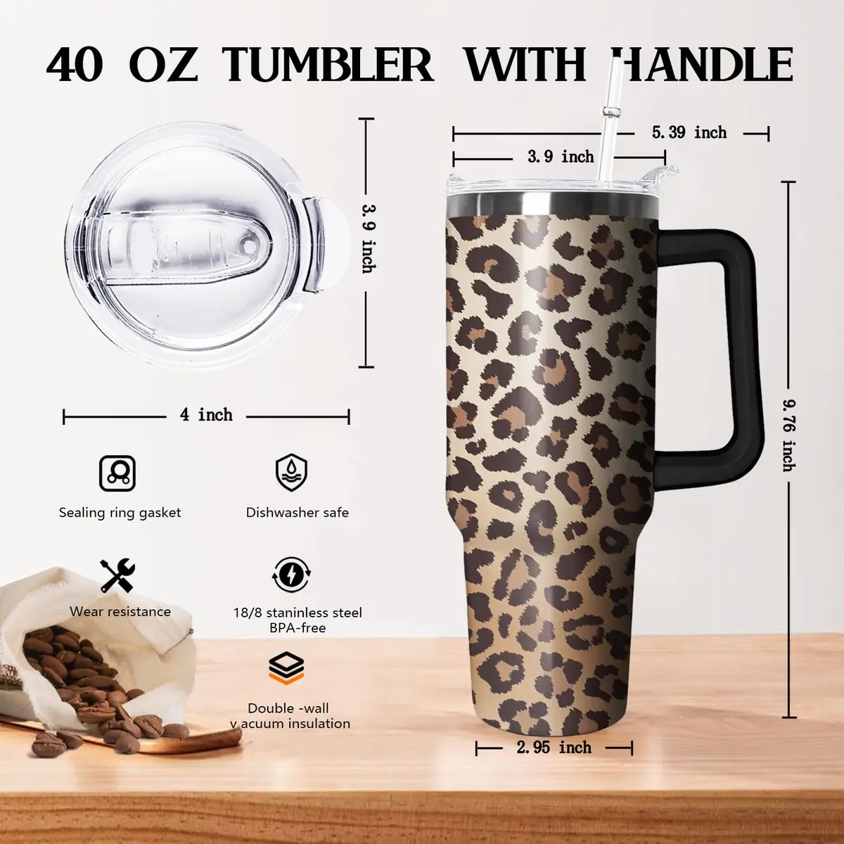 Ceovfoi 40 Oz Tumbler With Handle & Straw, Leopard Print Cheetah Coffee Travel Mug Cup, 1183ml (40 Fl Oz) | Cute Animal Print Insulated Water Bottle - view 2