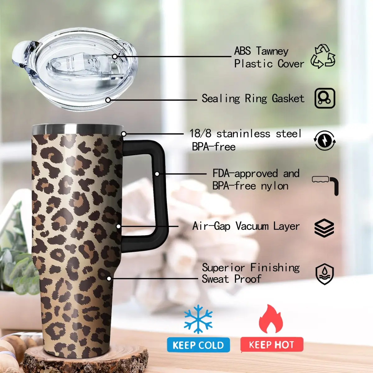 Ceovfoi 40 Oz Tumbler With Handle & Straw, Leopard Print Cheetah Coffee Travel Mug Cup, 1183ml (40 Fl Oz) | Cute Animal Print Insulated Water Bottle - view 3