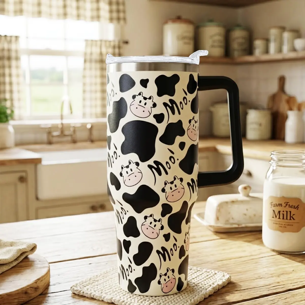 Ceovfoi 40 oz Cow Print Tumbler with Handle & Straw | Insulated Stainless Steel Travel Mug Cup - view 5