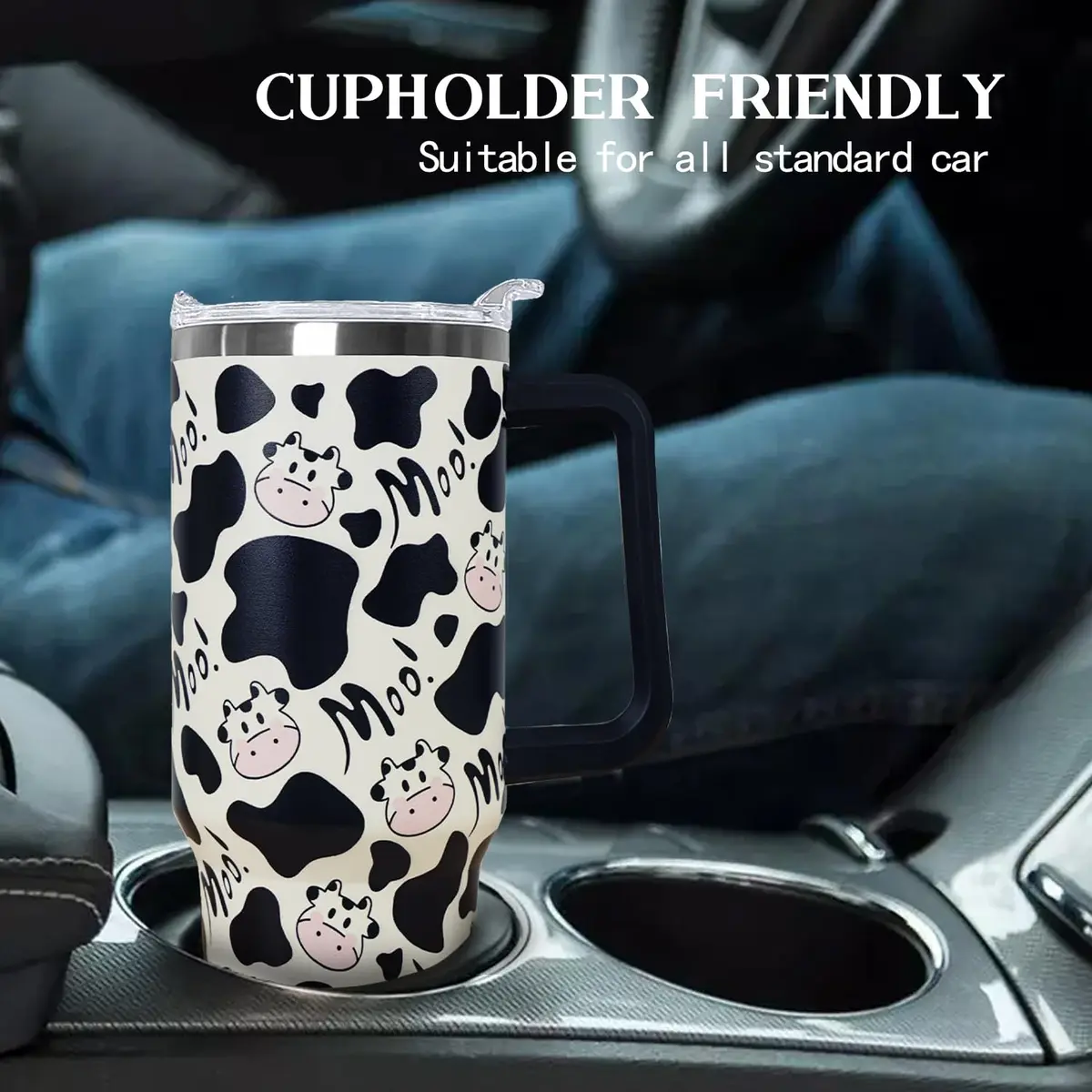 Ceovfoi 40 oz Cow Print Tumbler with Handle & Straw | Insulated Stainless Steel Travel Mug Cup - view 6