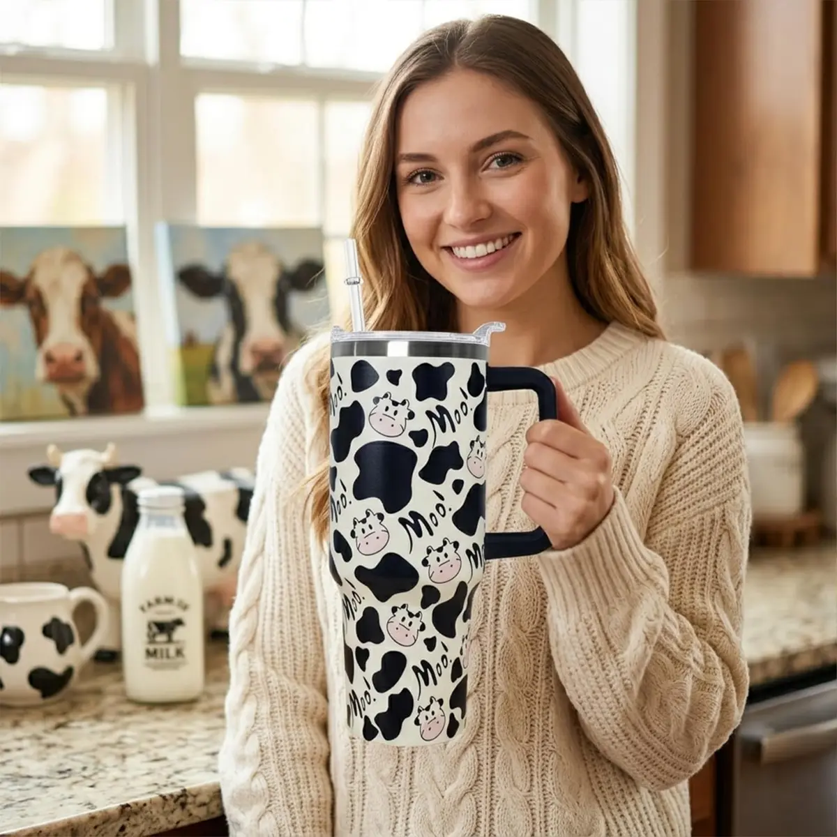 Ceovfoi 40 oz Cow Print Tumbler with Handle & Straw | Insulated Stainless Steel Travel Mug Cup - view 7