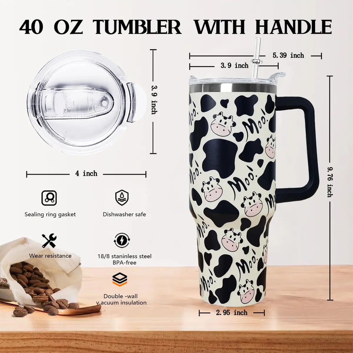Ceovfoi 40 oz Cow Print Tumbler with Handle & Straw | Insulated Stainless Steel Travel Mug Cup - view 2