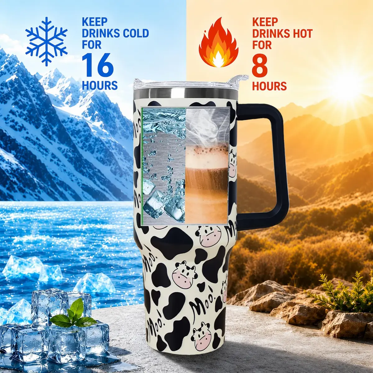 Ceovfoi 40 oz Cow Print Tumbler with Handle & Straw | Insulated Stainless Steel Travel Mug Cup - view 3