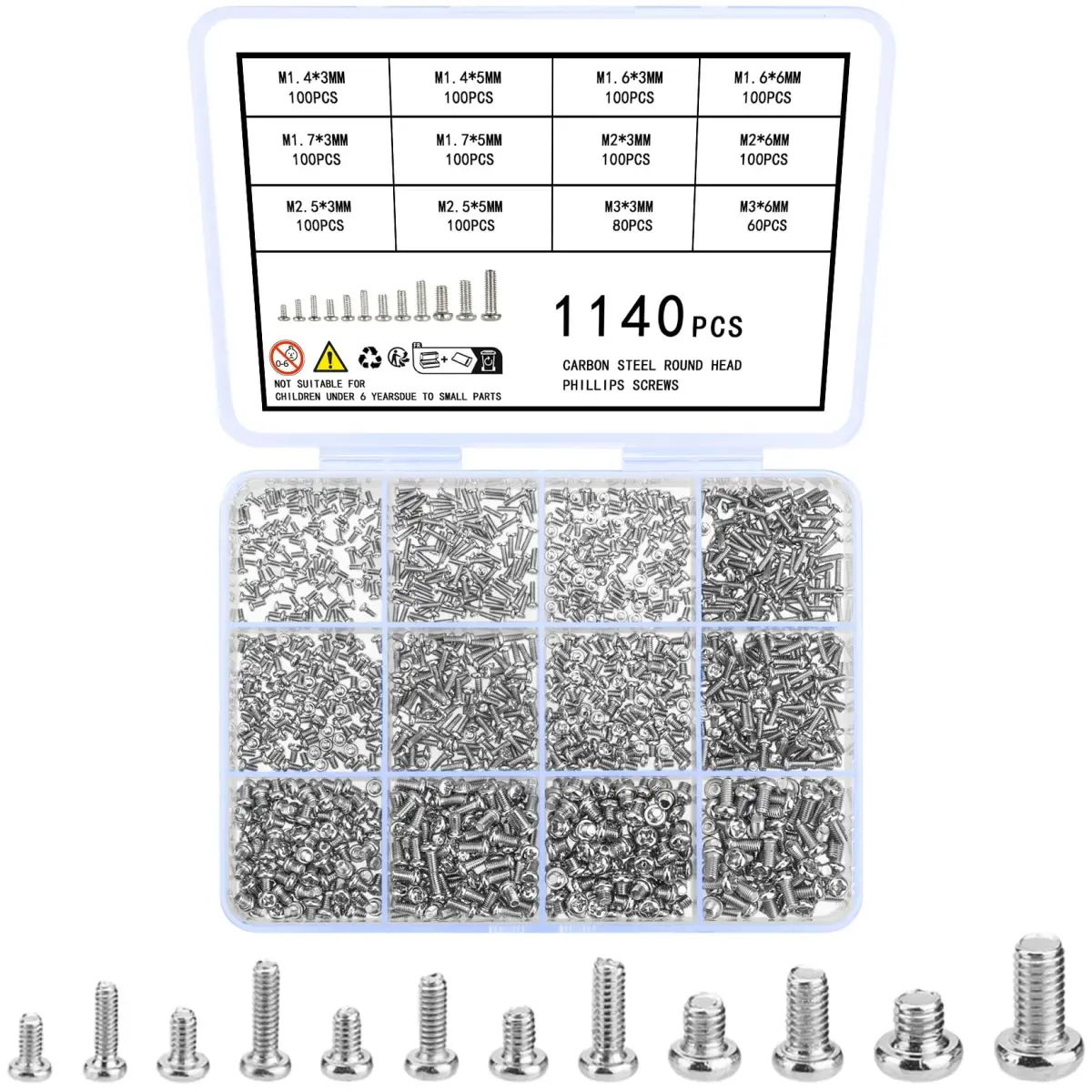 woshilaoDS 1140 Pcs Tiny Screws Assortment Kit M1.4-M3 | Carbon Steel Mini Screws for Electronics & Watches - main product image