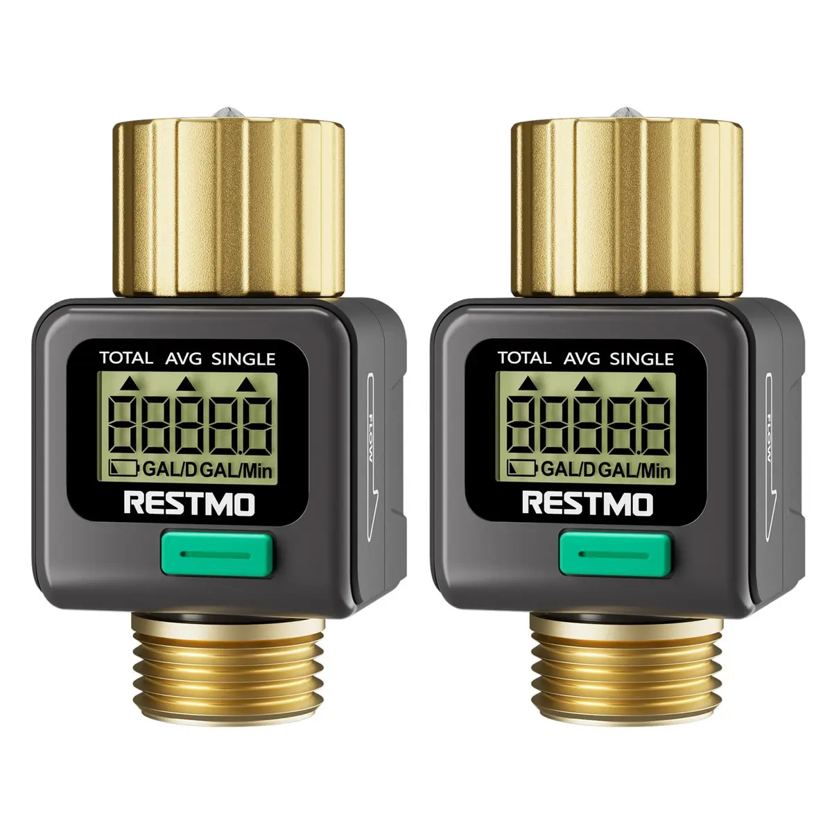 Restmo Water Flow Meter 2 Pack | 0.3-12 GPM (1-45.5 LPM) Flow Rate, 99999 Gal (99999 L) Max Consumption, IPX6 Waterproof - main product image