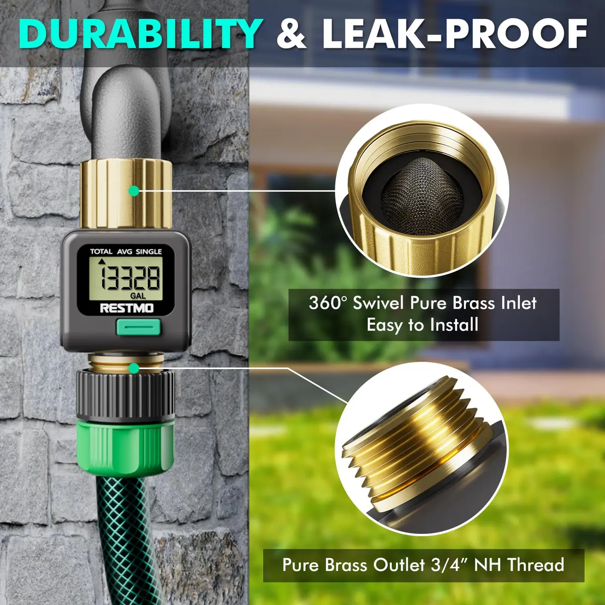 Restmo Water Flow Meter 2 Pack | 0.3-12 GPM (1-45.5 LPM) Flow Rate, 99999 Gal (99999 L) Max Consumption, IPX6 Waterproof - view 2
