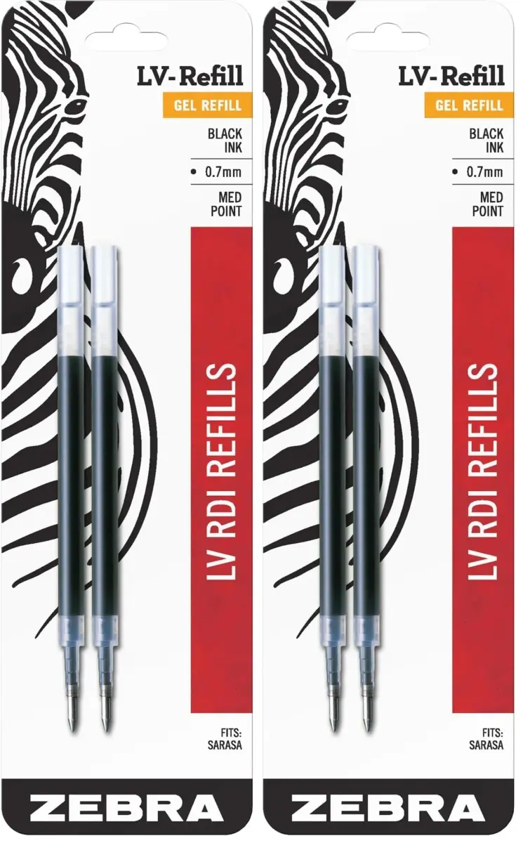 Zebra Pen LV-Refill for Gel Ink Pens, Medium Point, 0.7mm, Black Ink, 4 Count (Pack of 2) | Smooth Ink Flow for Students & Professionals - main product image