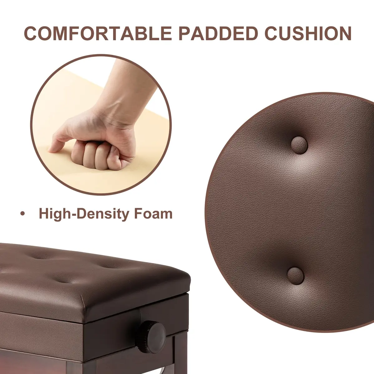 FILISITE Adjustable Height Piano Bench Stool with Music Storage (Brown) | 49cm-59cm Height Range - view 6
