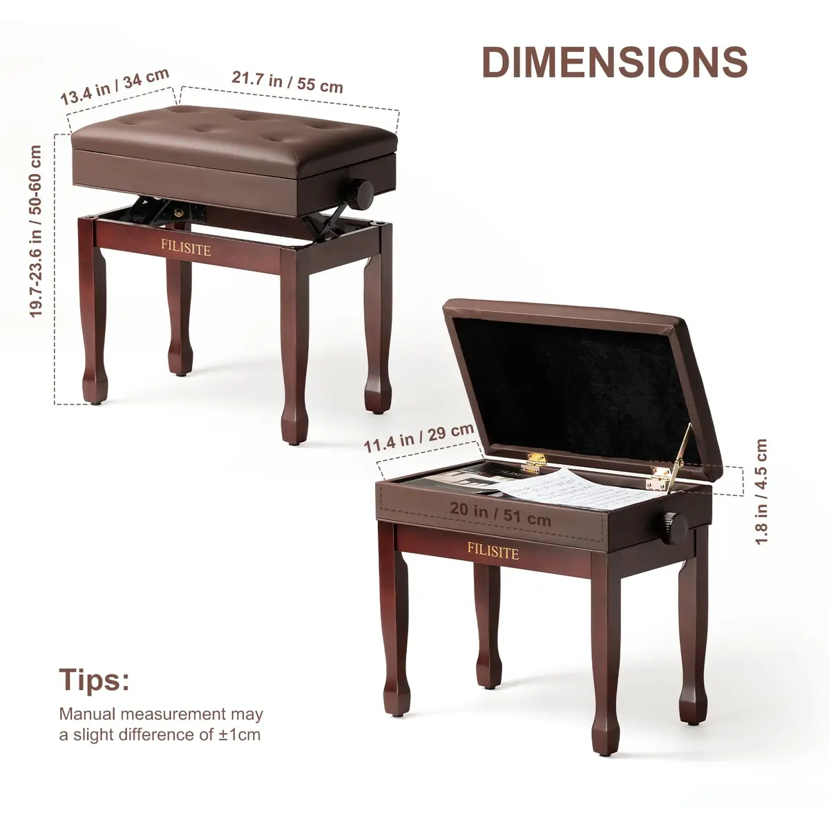 FILISITE Adjustable Height Piano Bench Stool with Music Storage (Brown) | 49cm-59cm Height Range - view 3