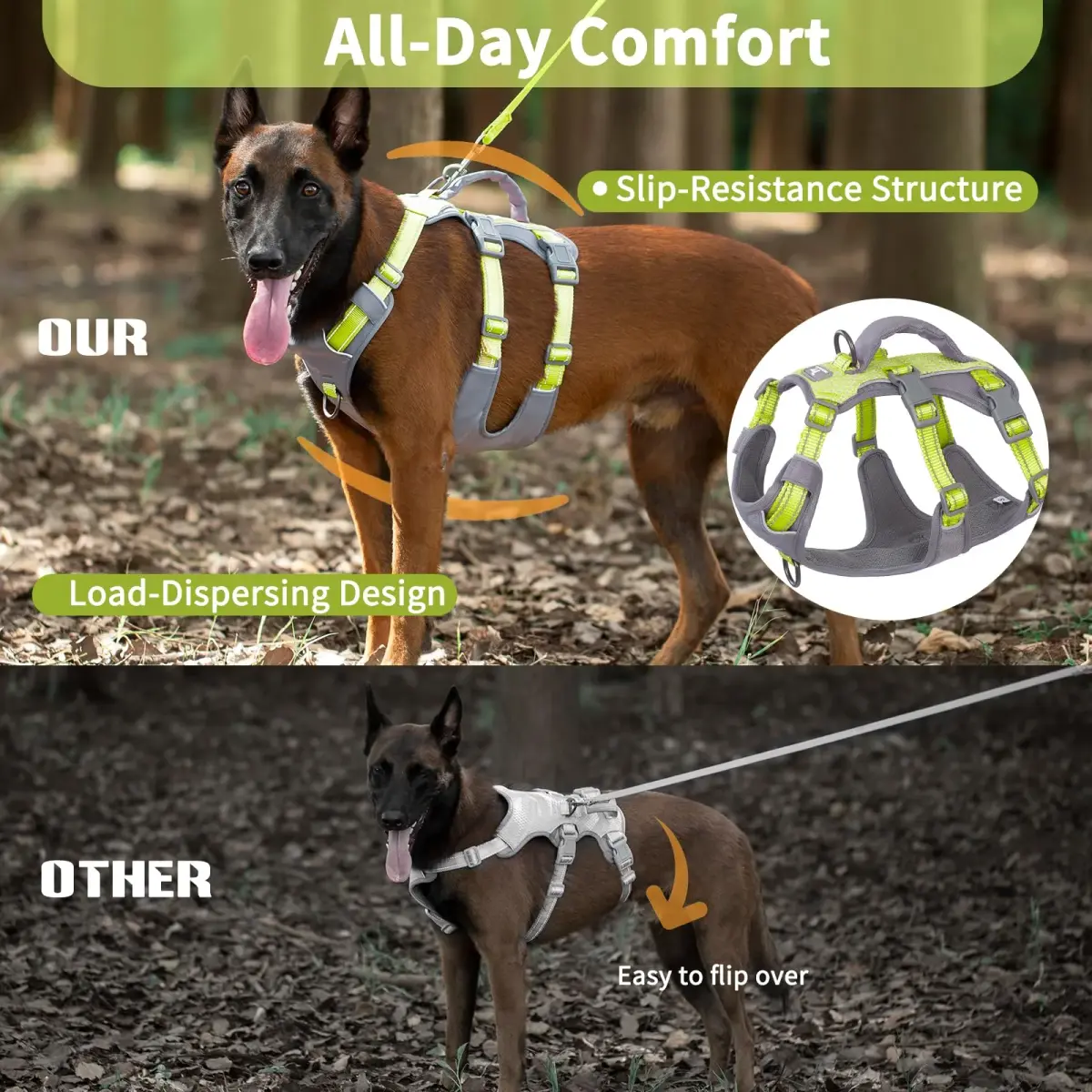 Huntboo Escape Proof Dog Harness with Handle, Bright Green M | No-Pull, Breathable, Reflective, Adjustable Lift Harness for Dogs - view 5