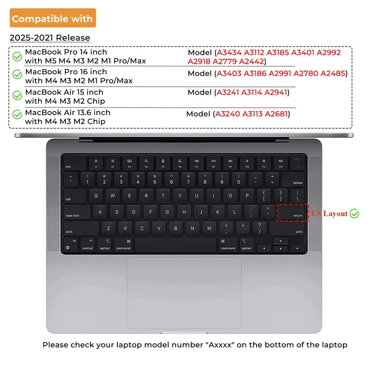EooCoo Keyboard Cover for MacBook Pro 14/16, Air 13/15, Neo 13 Black Clear | Fits US Layout Models - view 6