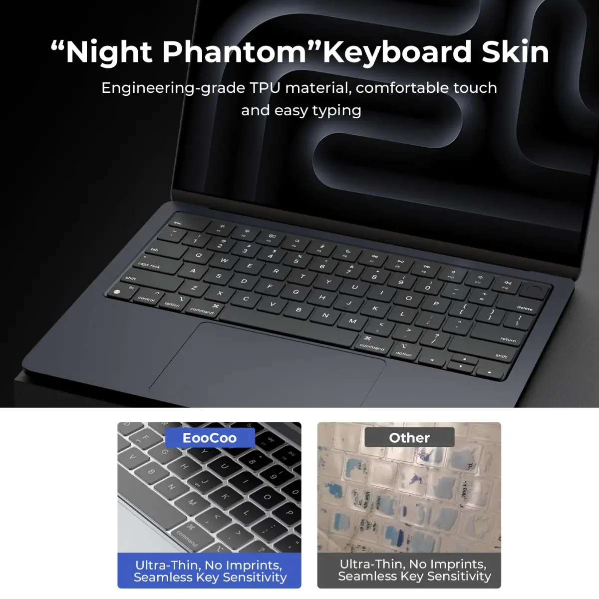 EooCoo Keyboard Cover for MacBook Pro 14/16, Air 13/15, Neo 13 Black Clear | Fits US Layout Models - view 3