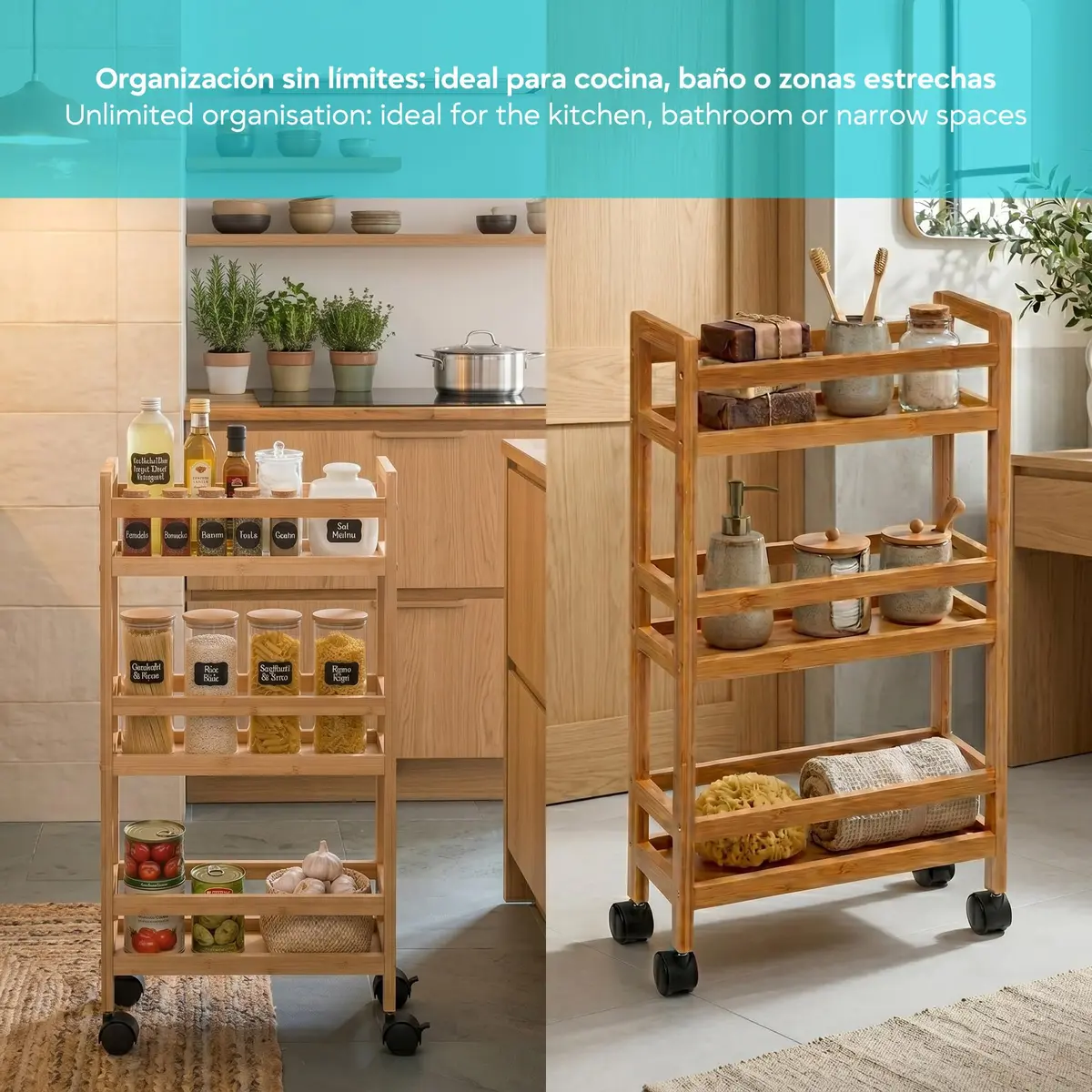 WELL HOME MOBILIARIO & DECORACIÓN Auxiliary Trolley with 3 Levels Wheels, Bamboo Kitchen Cart, Space Saving, 74.5cm - view 5
