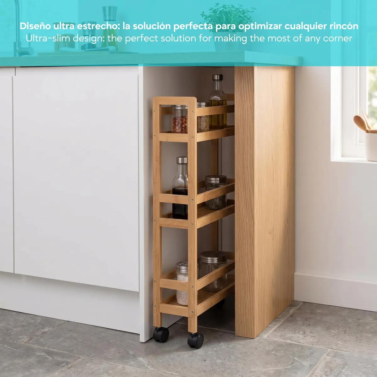 WELL HOME MOBILIARIO & DECORACIÓN Auxiliary Trolley with 3 Levels Wheels, Bamboo Kitchen Cart, Space Saving, 74.5cm - view 6