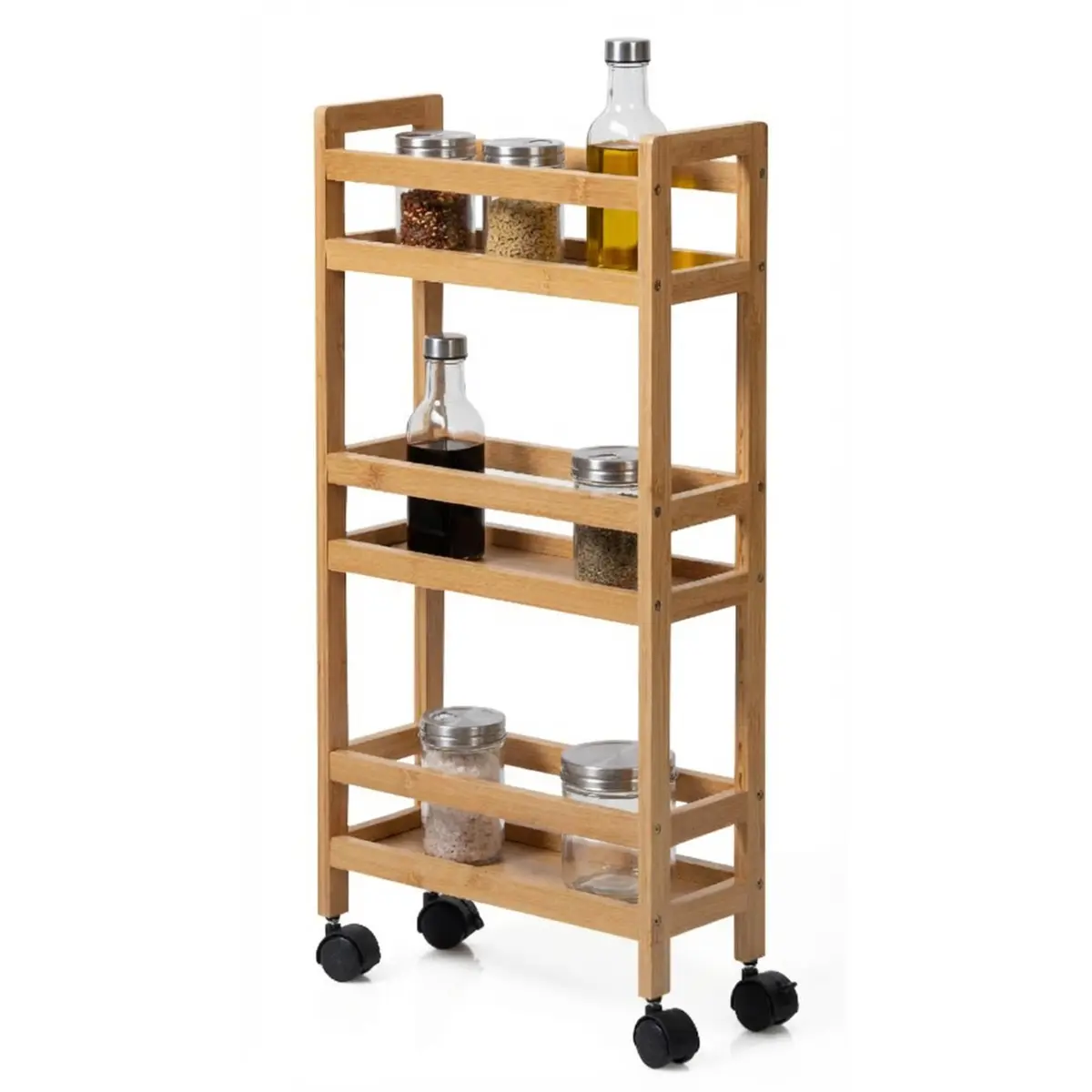 WELL HOME MOBILIARIO & DECORACIÓN Auxiliary Trolley with 3 Levels Wheels, Bamboo Kitchen Cart, Space Saving, 74.5cm - view 7
