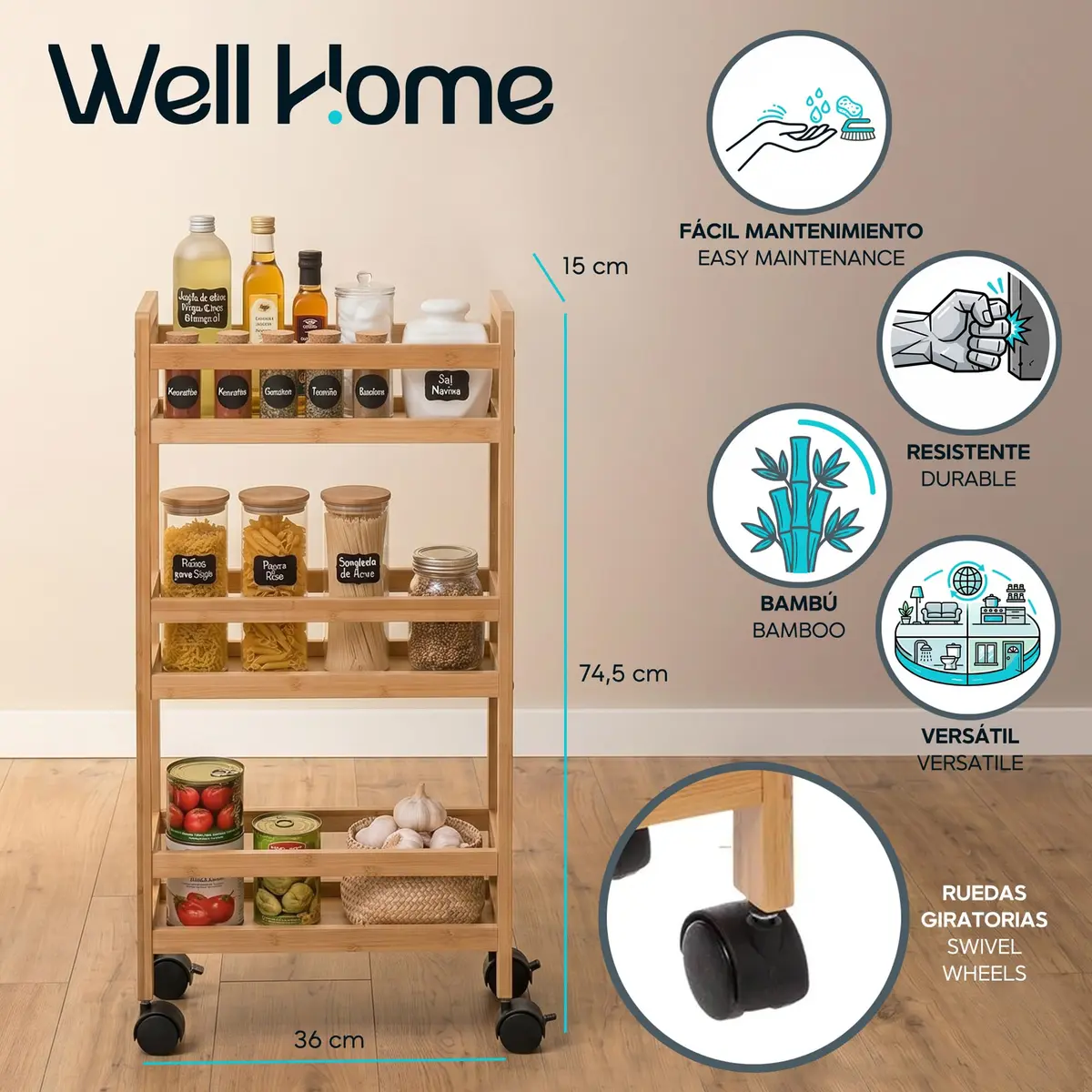 WELL HOME MOBILIARIO & DECORACIÓN Auxiliary Trolley with 3 Levels Wheels, Bamboo Kitchen Cart, Space Saving, 74.5cm - view 2