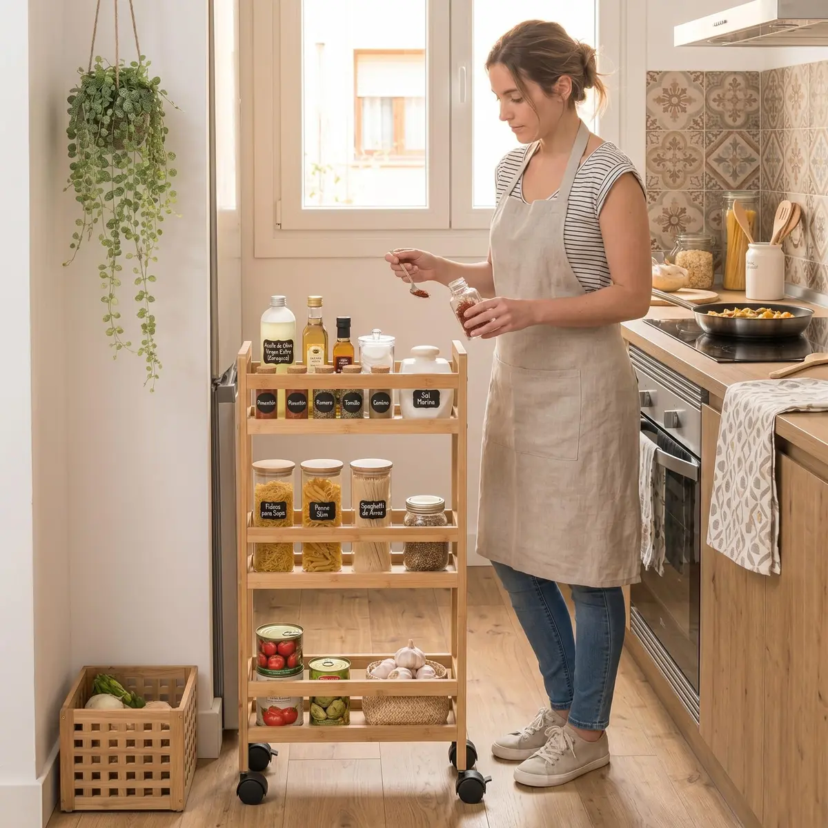 WELL HOME MOBILIARIO & DECORACIÓN Auxiliary Trolley with 3 Levels Wheels, Bamboo Kitchen Cart, Space Saving, 74.5cm - view 3