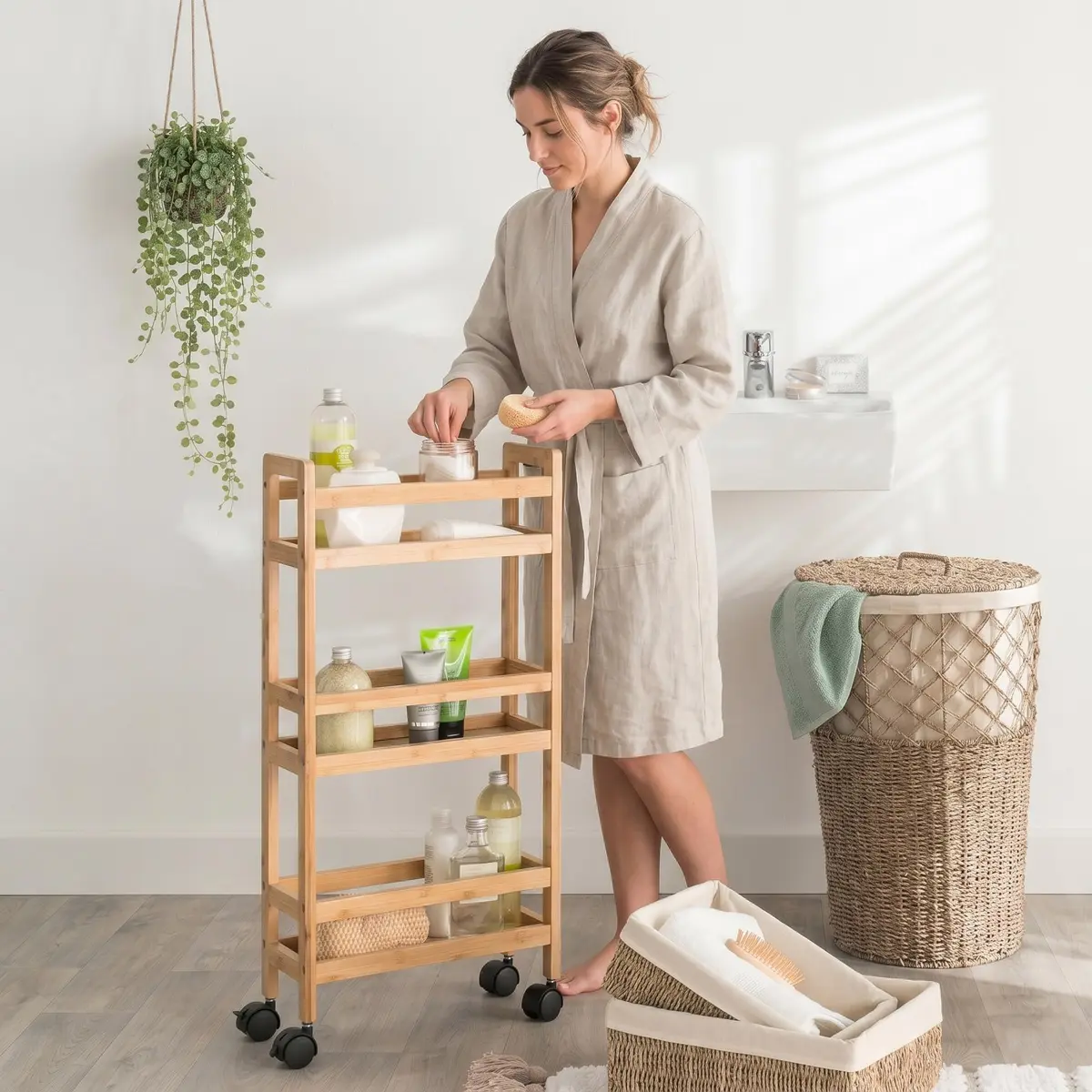 WELL HOME MOBILIARIO & DECORACIÓN Auxiliary Trolley with 3 Levels Wheels, Bamboo Kitchen Cart, Space Saving, 74.5cm - view 4