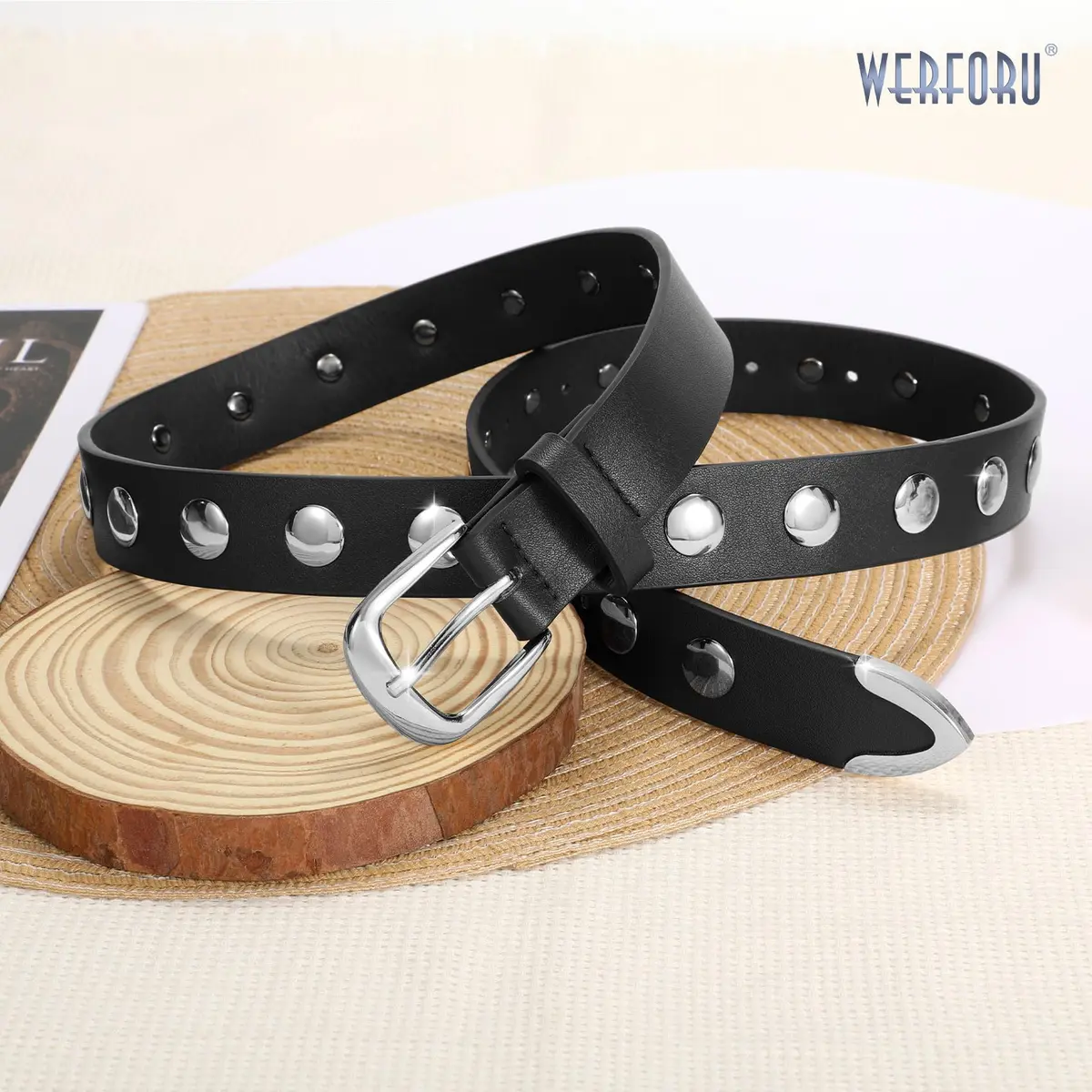 WERFORU Women's Studded Leather Belt with Gold Buckle for Jeans & Dresses, 31"-35" Waist Adjustable | Punk Fashion Accessory - view 4