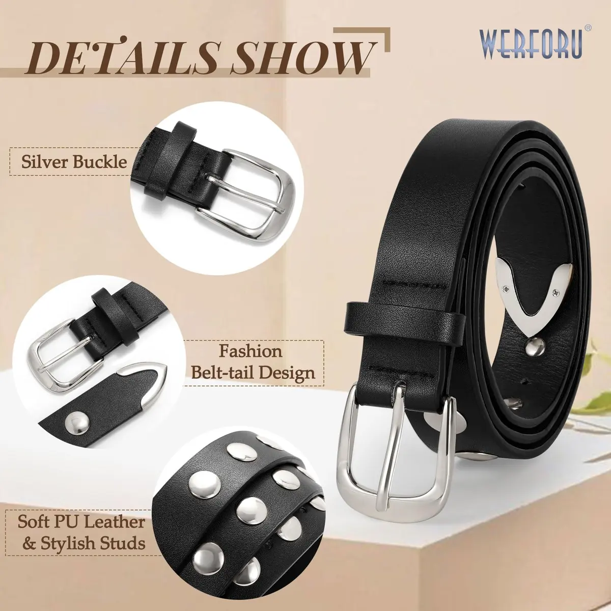 WERFORU Women's Studded Leather Belt with Gold Buckle for Jeans & Dresses, 31"-35" Waist Adjustable | Punk Fashion Accessory - view 5