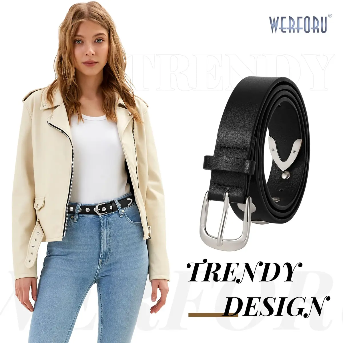 WERFORU Women's Studded Leather Belt with Gold Buckle for Jeans & Dresses, 31"-35" Waist Adjustable | Punk Fashion Accessory - view 2