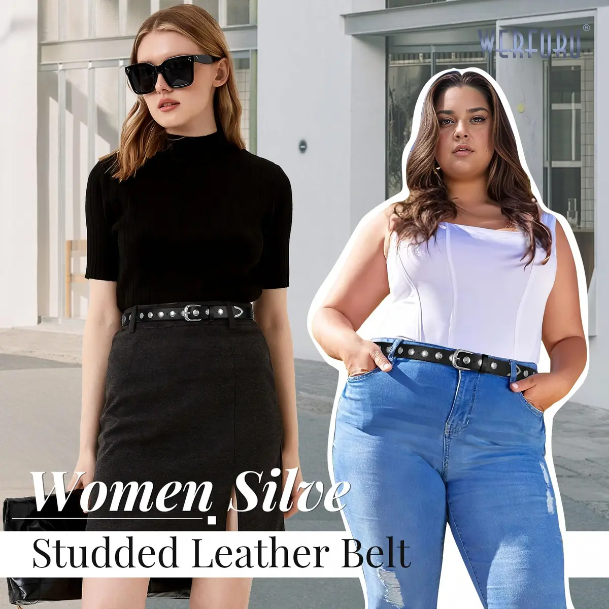 WERFORU Women's Studded Leather Belt with Gold Buckle for Jeans & Dresses, 31"-35" Waist Adjustable | Punk Fashion Accessory - view 3