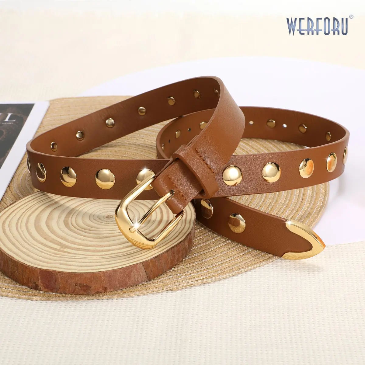 WERFORU Women's Studded Leather Belt with Gold Buckle, 25"-30" Waist Adjustable | Punk Fashion Style - view 4