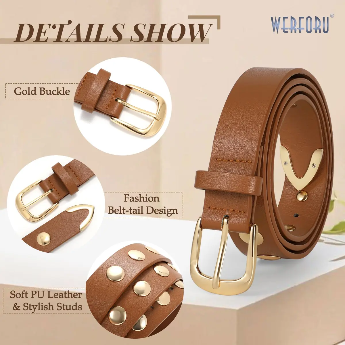 WERFORU Women's Studded Leather Belt with Gold Buckle, 25"-30" Waist Adjustable | Punk Fashion Style - view 5