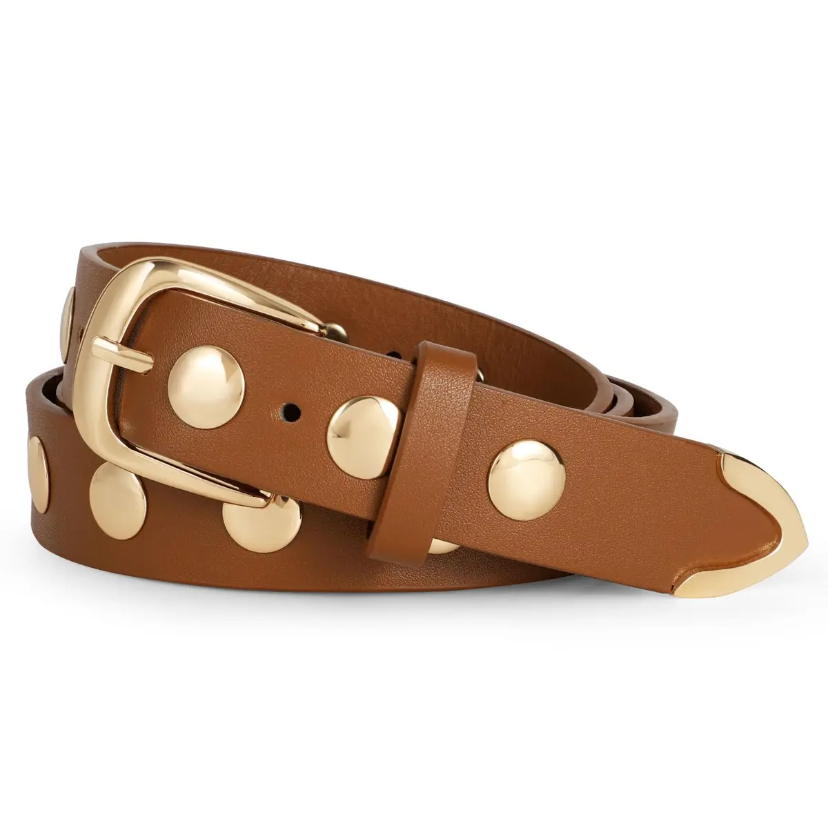 WERFORU Women's Studded Leather Belt with Gold Buckle, 25"-30" Waist Adjustable | Punk Fashion Style - main product image
