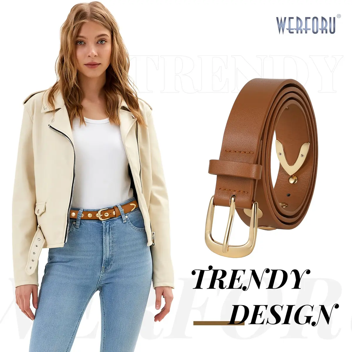 WERFORU Women's Studded Leather Belt with Gold Buckle, 25"-30" Waist Adjustable | Punk Fashion Style - view 2