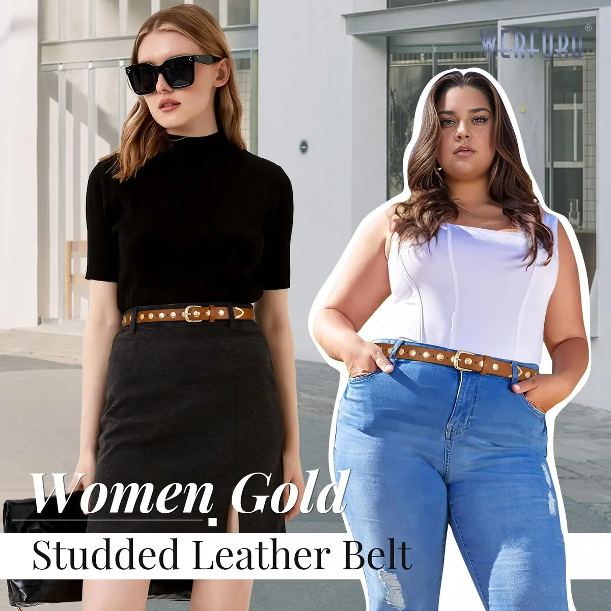 WERFORU Women's Studded Leather Belt with Gold Buckle, 25"-30" Waist Adjustable | Punk Fashion Style - view 3