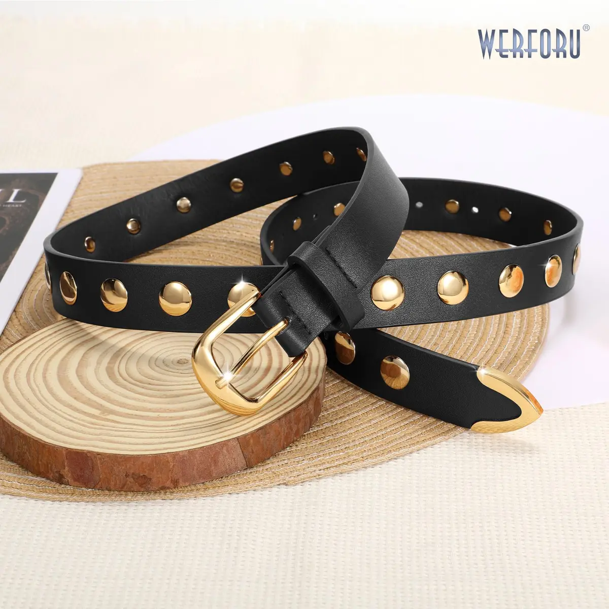 WERFORU Women's Studded Leather Belt with Gold Buckle, 42"-45" Waist Adjustable | Punk Fashion Style - view 4