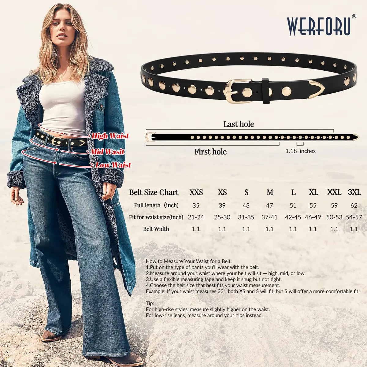 WERFORU Women's Studded Leather Belt with Gold Buckle, 42"-45" Waist Adjustable | Punk Fashion Style - view 6