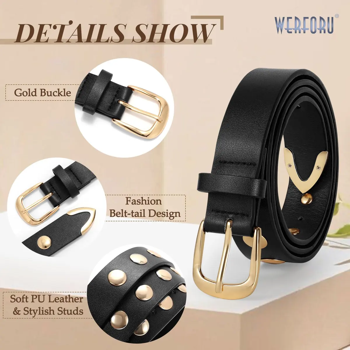 WERFORU Women's Studded Leather Belt with Gold Buckle, Adjustable 25"-30" Waist | Punk Vintage Fashion - view 5