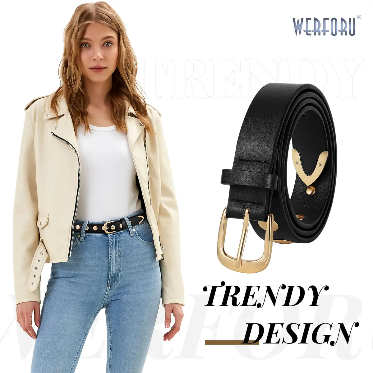 WERFORU Women's Studded Leather Belt with Gold Buckle, Adjustable 25"-30" Waist | Punk Vintage Fashion - view 2