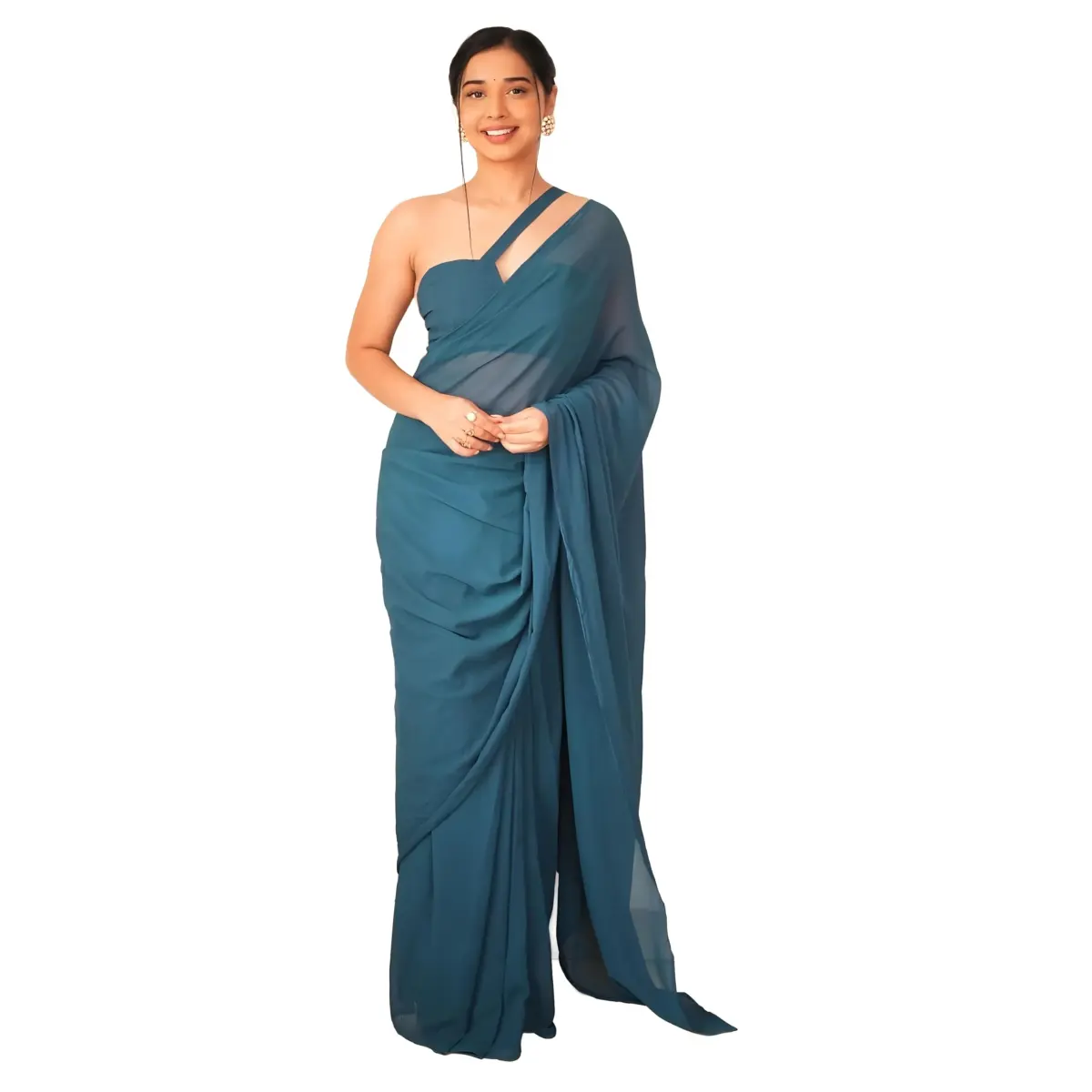 StyleScope Kalki Rama Ready Pleated Saree with Unstitched Blouse Piece | Georgette, One Size - main product image
