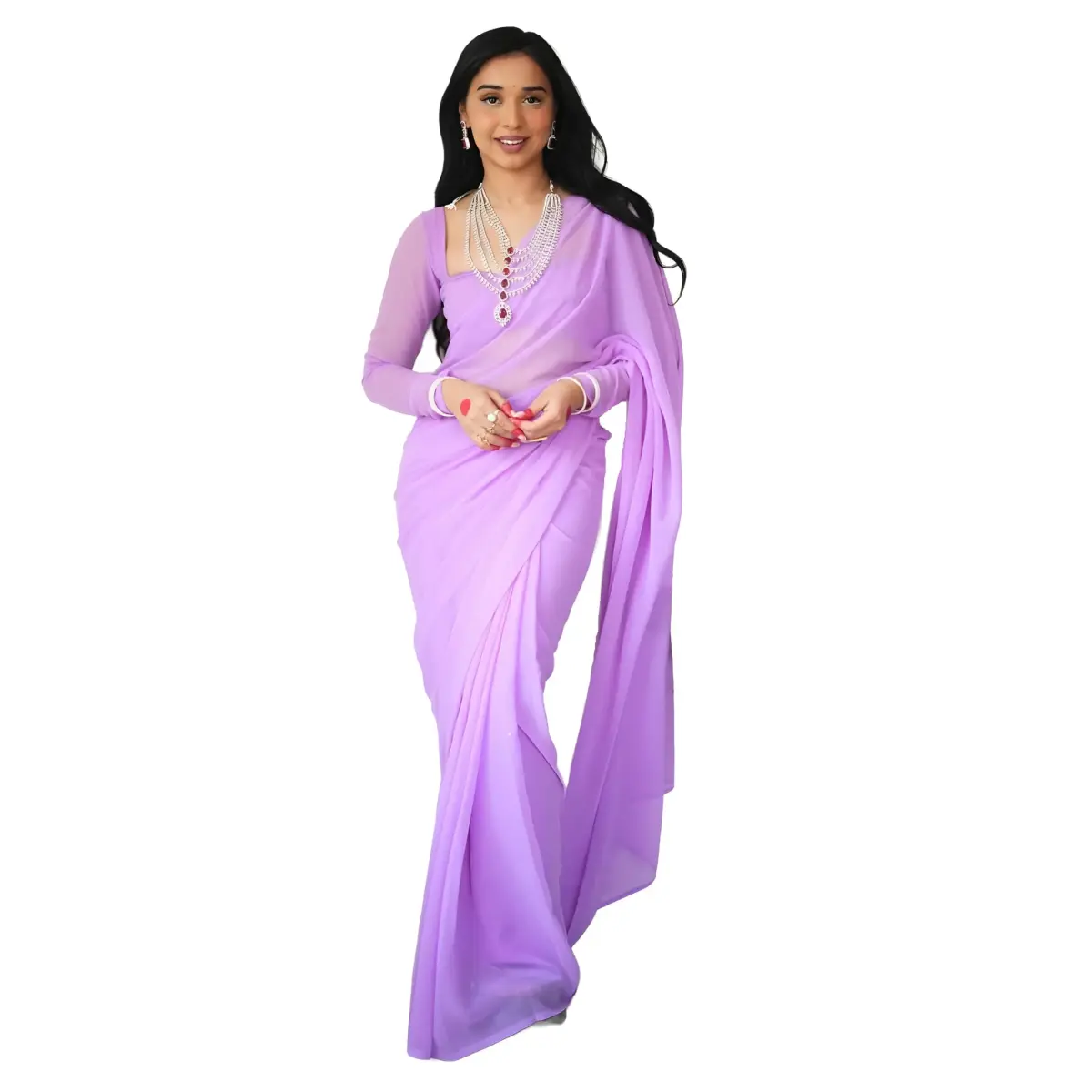 StyleScope Women's Kalki Ready Pleated Saree with Unstitched Blouse Piece, 156 cm (5.5 Meter) | Light Purple Georgette - main product image