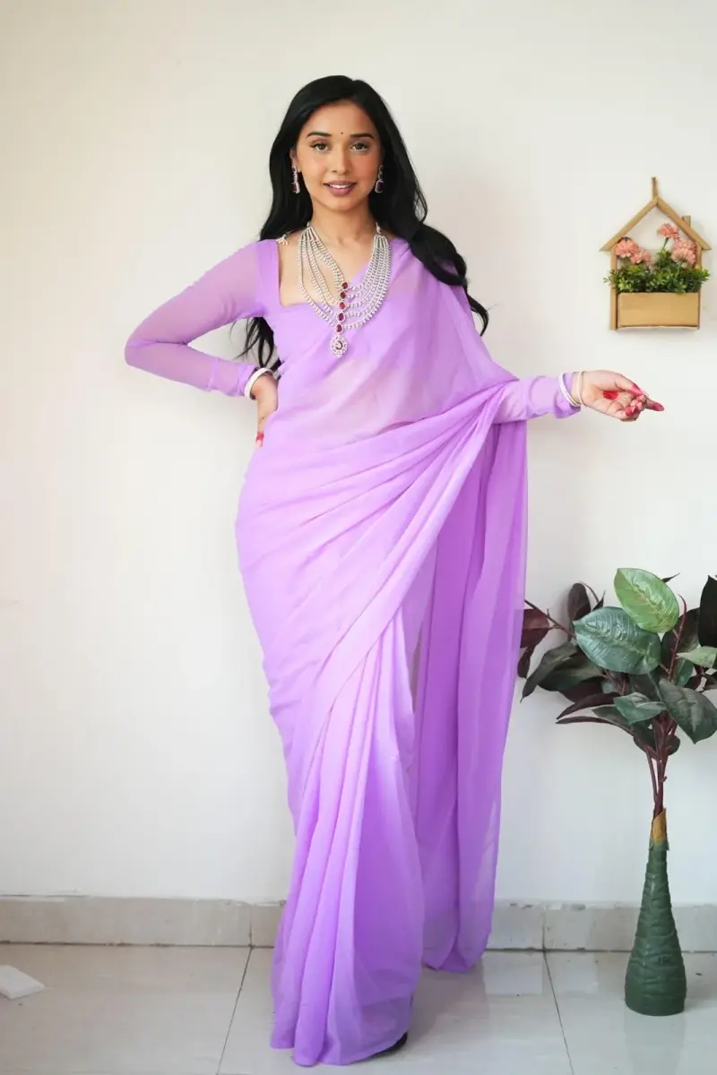 StyleScope Women's Kalki Ready Pleated Saree with Unstitched Blouse Piece, 156 cm (5.5 Meter) | Light Purple Georgette - view 5