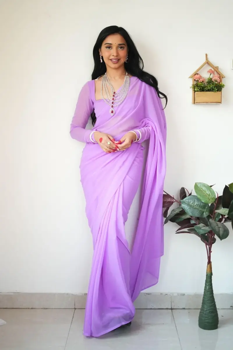 StyleScope Women's Kalki Ready Pleated Saree with Unstitched Blouse Piece, 156 cm (5.5 Meter) | Light Purple Georgette - view 7