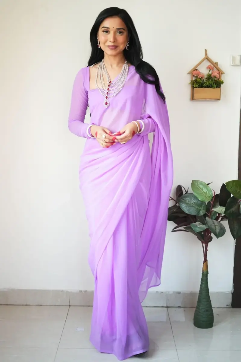 StyleScope Women's Kalki Ready Pleated Saree with Unstitched Blouse Piece, 156 cm (5.5 Meter) | Light Purple Georgette - view 8