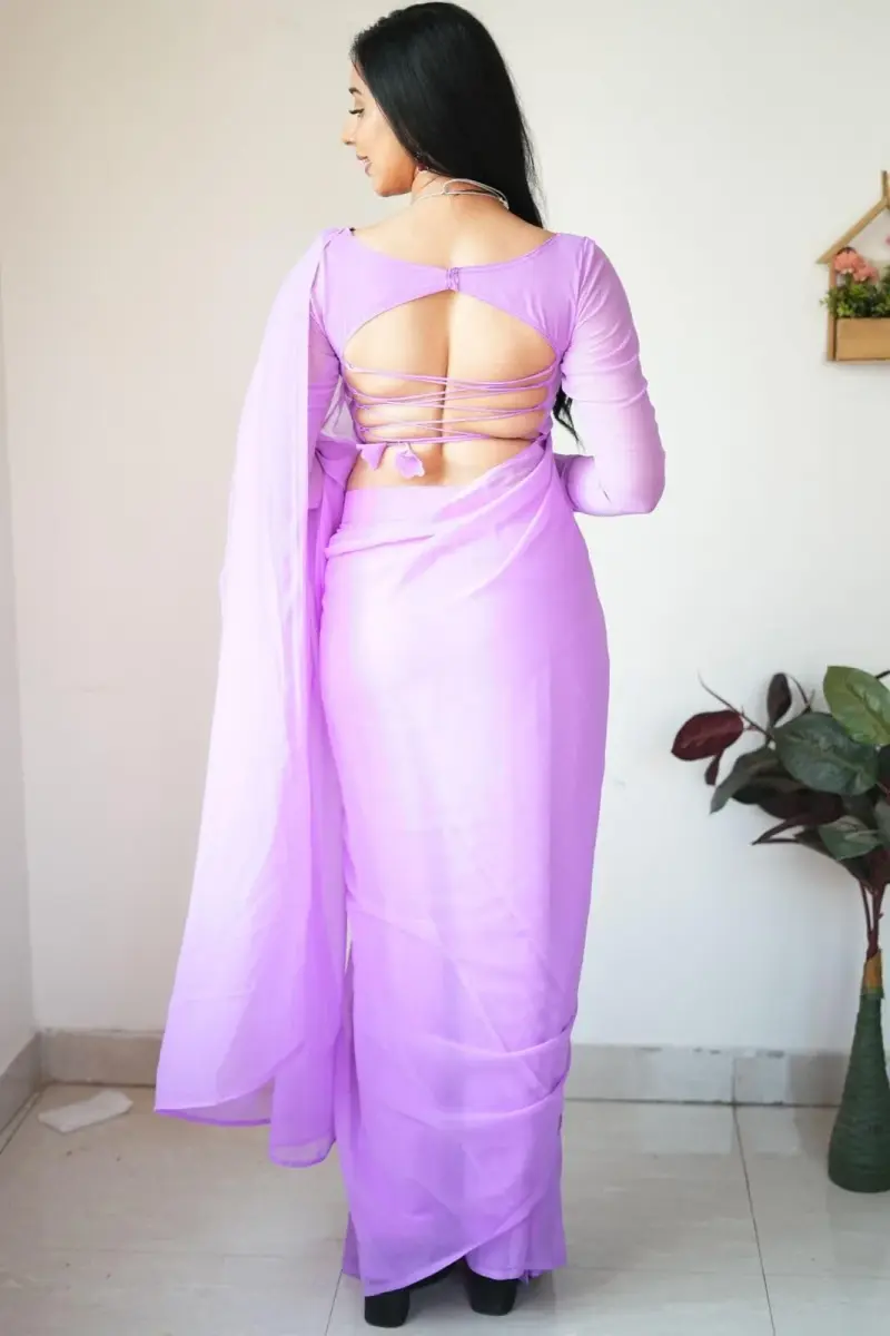 StyleScope Women's Kalki Ready Pleated Saree with Unstitched Blouse Piece, 156 cm (5.5 Meter) | Light Purple Georgette - view 3