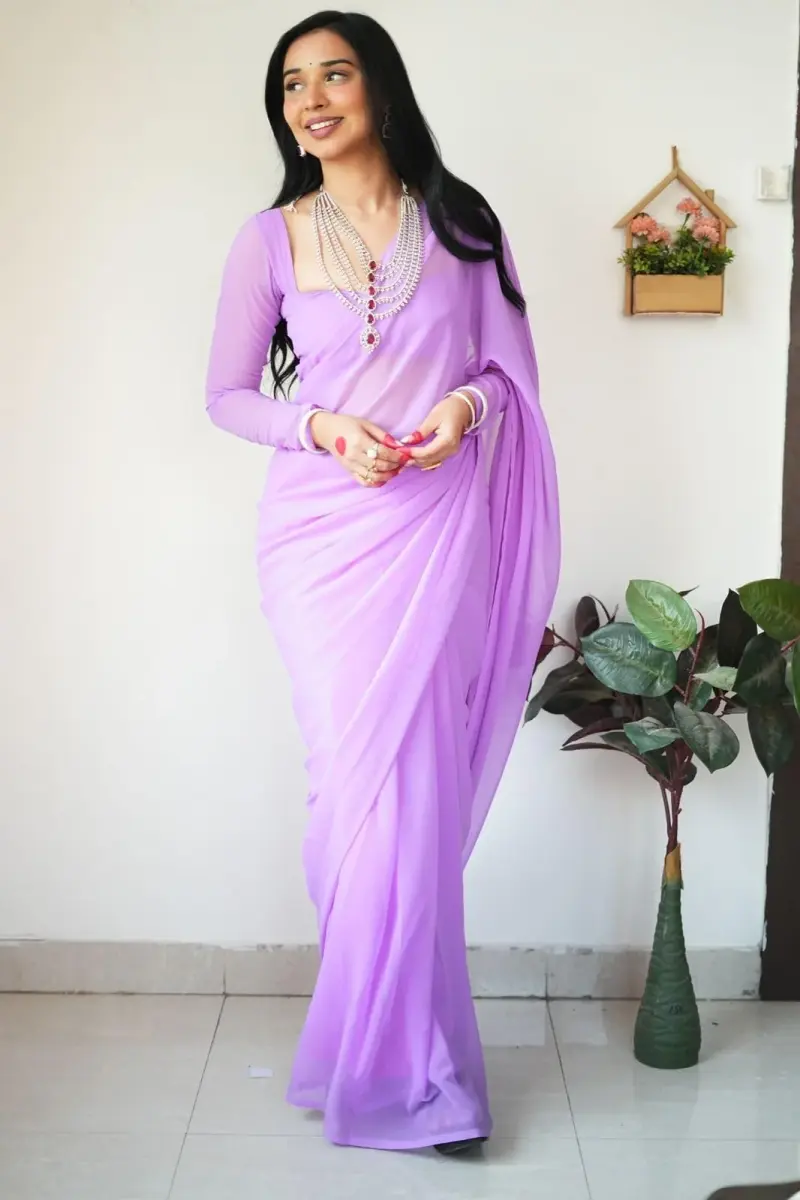 StyleScope Women's Kalki Ready Pleated Saree with Unstitched Blouse Piece, 156 cm (5.5 Meter) | Light Purple Georgette - view 4