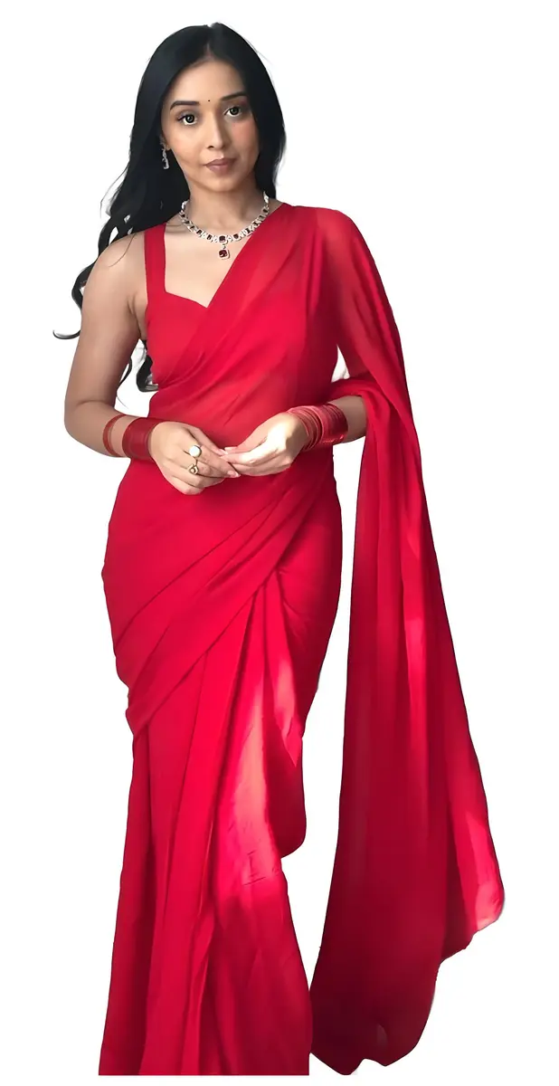 StyleScope Women's Ready-to-Wear Georgette Saree with Unstitched Blouse Piece, Pure Red, 5.5m (18 ft) | Festival & Party Wear - main product image