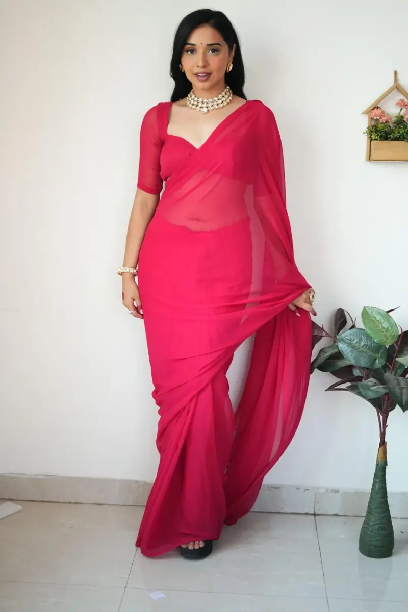 StyleScope Women's Kalki Pink Georgette Ready-to-Wear Saree with Unstitched Blouse Piece | 156 cm (5.5 ft) Length - view 5